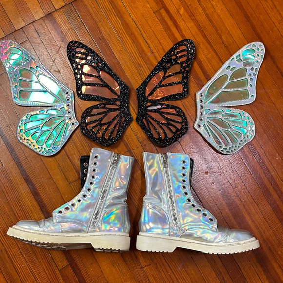 Dolls Kill Shoes - Current mood butterfly boots rave festival fairy wing holographic holiday silver